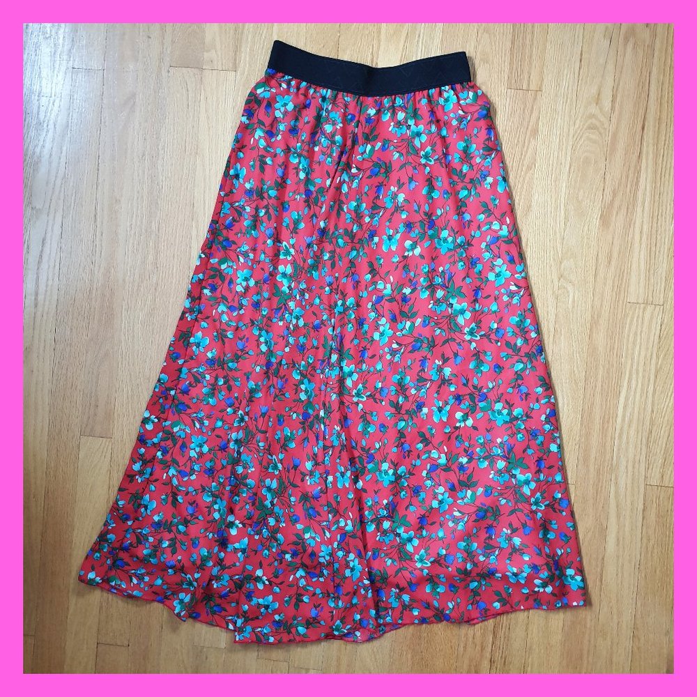 Lularoe Red Floral Maxi Skirt Long Blue Green Flowers Spring Summer Elastic NEW